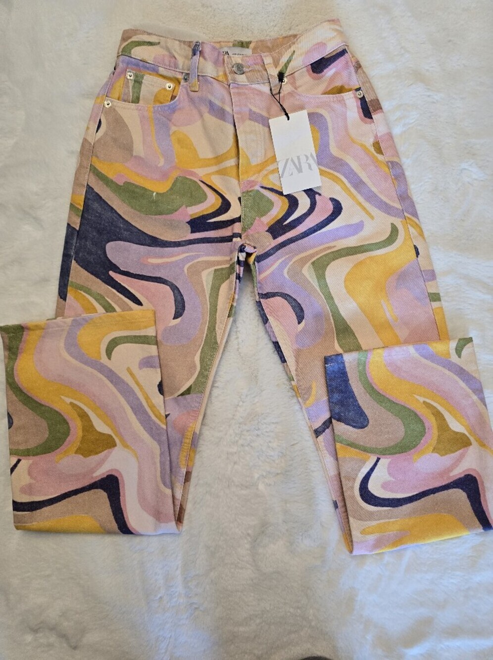 ZARA Women's Swirling Abstract Jeans Mid Rise Straight Leg Retro Boho - Picture 7 of 12
